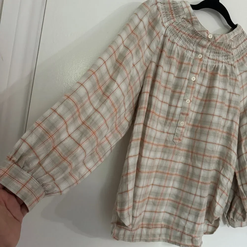 LOFT Plaid Smocked Henley Top Blouse Cream Gray Orange Women's, Size M